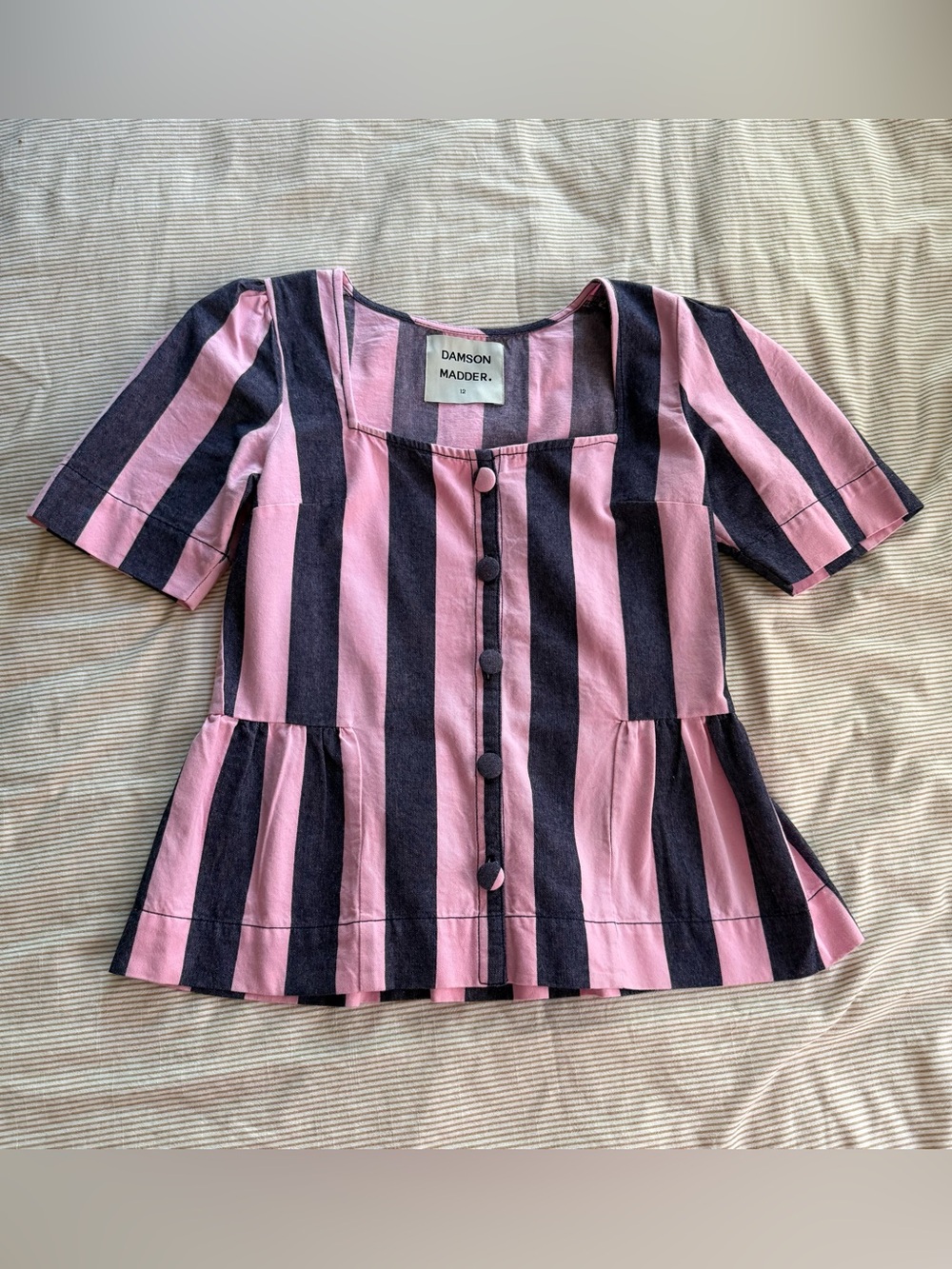 Damson Madder Pink & Navy Striped Button Front Peplum Top - Picture 1 of 5